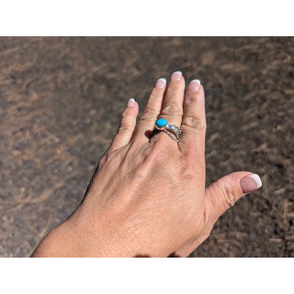 Navajo Turquoise Rope Lasso Sterling Silver Ring‎ Native Am Jewelry Sz 7.5US**
